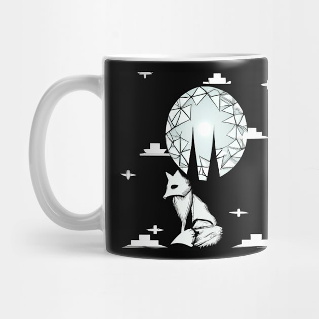 Black and White Geometric Fox Minimalist Forest At Night by GregFromThePeg